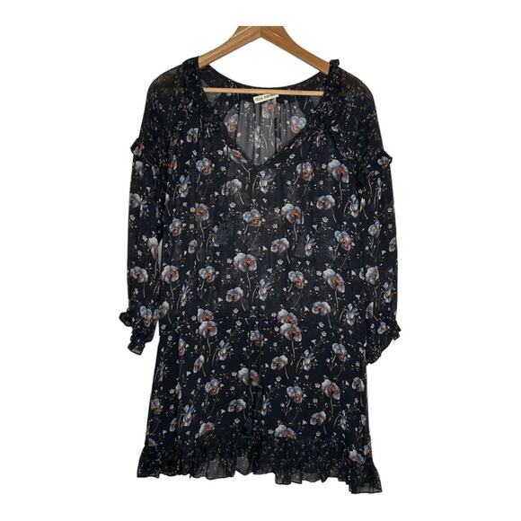 Ulla Johnson Dakota Silk Drawstring Waist Long Sleeve Floral Navy Dress Size 0 - Picture 2 of 16